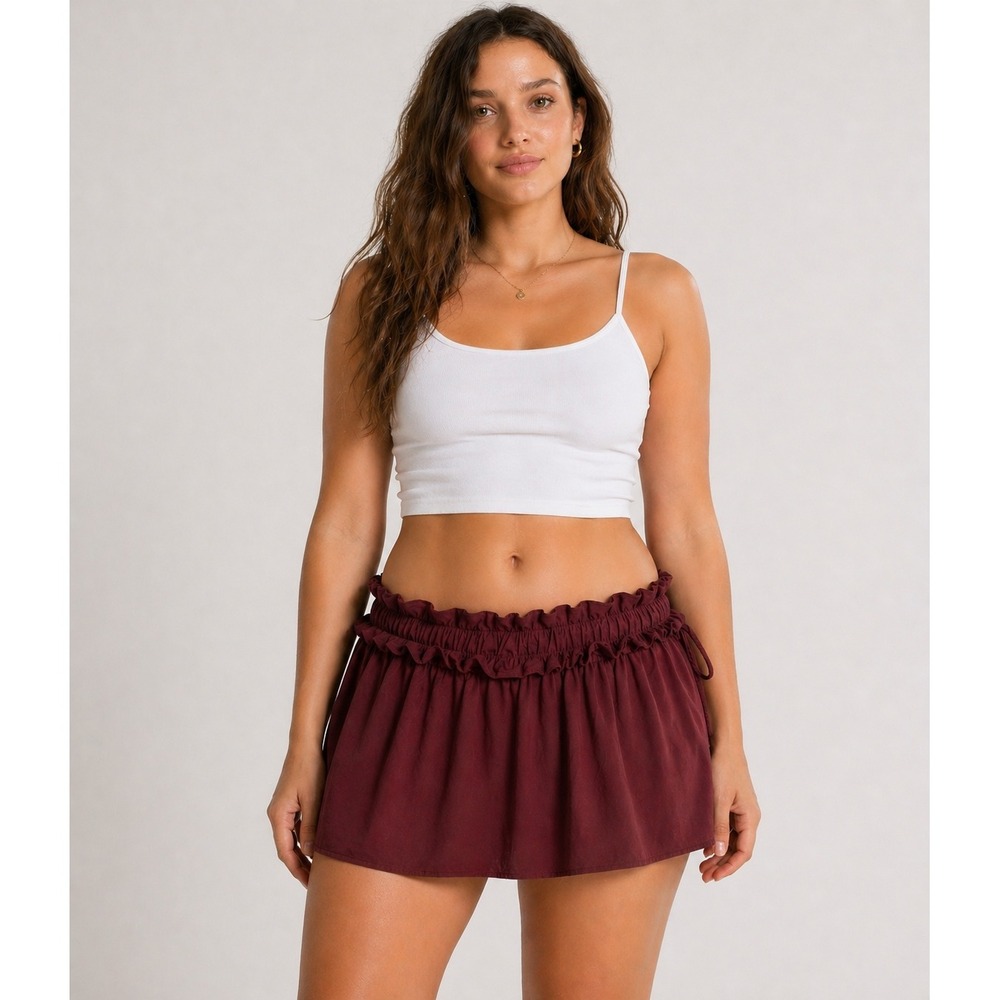 Y2K‎ Abercrombie & Fitch Mini Skirt Womens M Burgundy Ruffle Tie Waist Coquette